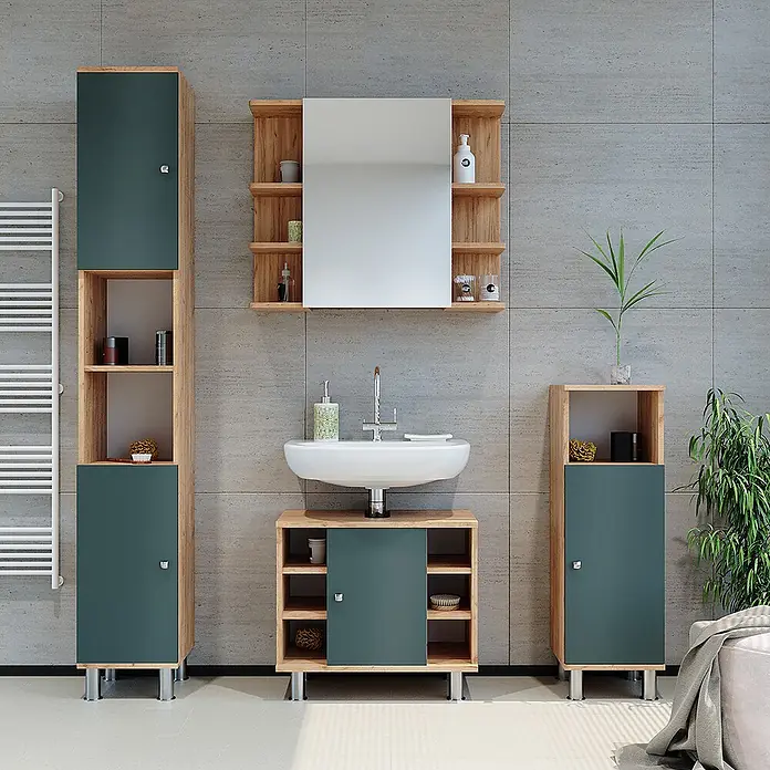 Vicco Badmöbel-Set Fynn Grün 3 Teile, mit Midischrank - Gesamtbreite Badmöbel: 90 cm, Grün, Matt - Badezimmermöbel-Set in Holzoptik mit dunkelgrünen Fronten: Waschtisch, Hochschränke, Spiegelschrank.