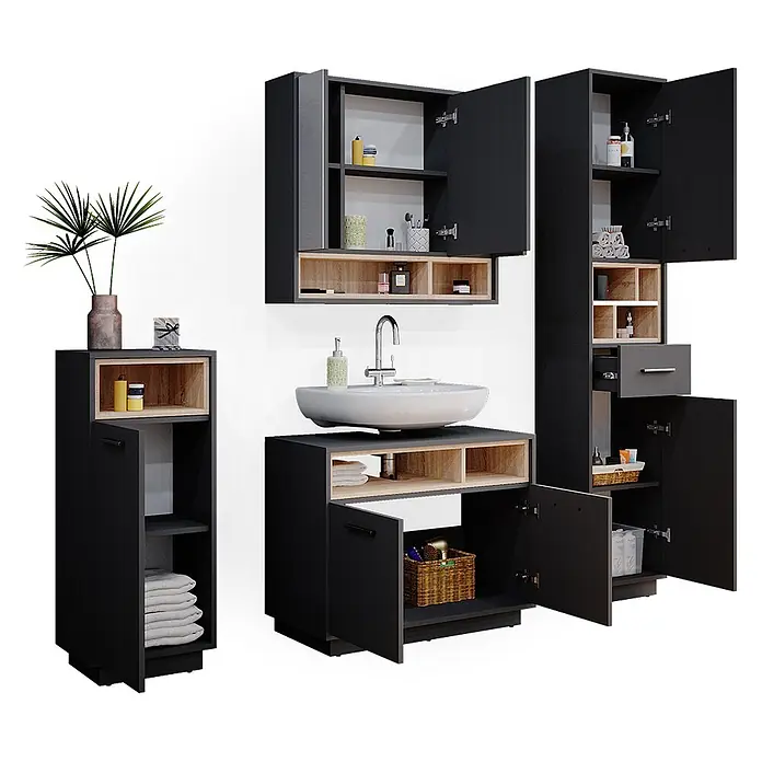 Vicco Badmöbel-Set Beatrice Anthrazit 4 Teile - Gesamtbreite Badmöbel: 156 cm, Anthrazit, Matt - Badezimmermöbel-Set in Dunkelgrau und Naturholz mit Waschbecken, bietet vielfältige Ablagemöglichkeiten.