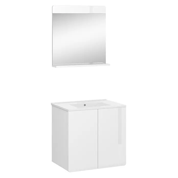 Vicco Badmöbel-Set Izan Weiß 2 Teile - Gesamtbreite Badmöbel: 61,8 cm, Weiß, Glänzend - Weißer Badunterschrank mit integriertem Waschbecken und passendem rechteckigem Spiegel mit Ablage.