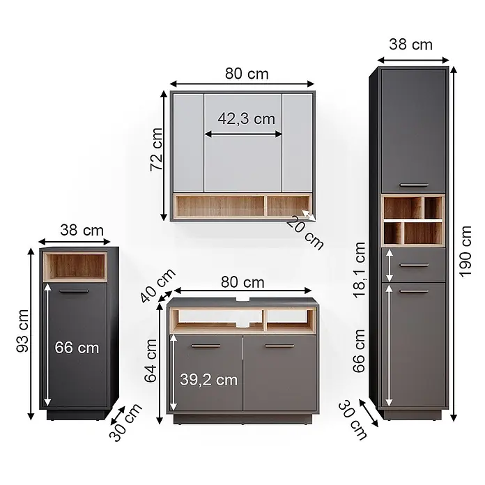 Vicco Badmöbel-Set Beatrice Anthrazit 4 Teile - Gesamtbreite Badmöbel: 156 cm, Anthrazit, Matt - Modulares Stauraummöbel-Set in Anthrazit und heller Holzoptik mit Hochschrank, TV-Board, Hängeschrank und Beistellschrank.