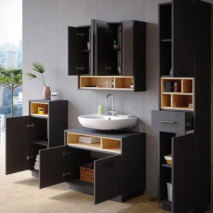 Vicco Badmöbel-Set Beatrice Anthrazit 4 Teile - Gesamtbreite Badmöbel: 156 cm, Anthrazit, Matt - Modernes Badmöbel-Set in Dunkelgrau und hellem Holz mit Waschbecken, Wandschränken und hohen Aufbewahrungseinheiten.