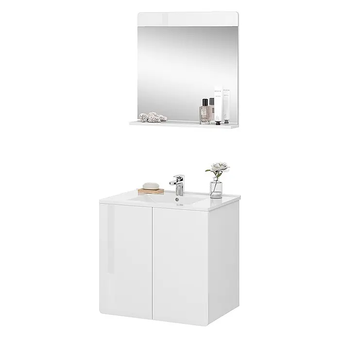 Vicco Badmöbel-Set Izan Weiß 2 Teile - Gesamtbreite Badmöbel: 61,8 cm, Weiß, Glänzend - Weißer Hochglanz-Badschrank mit integriertem Waschbecken und Chromarmatur, dazu passender Spiegel mit weißer Ablage.
