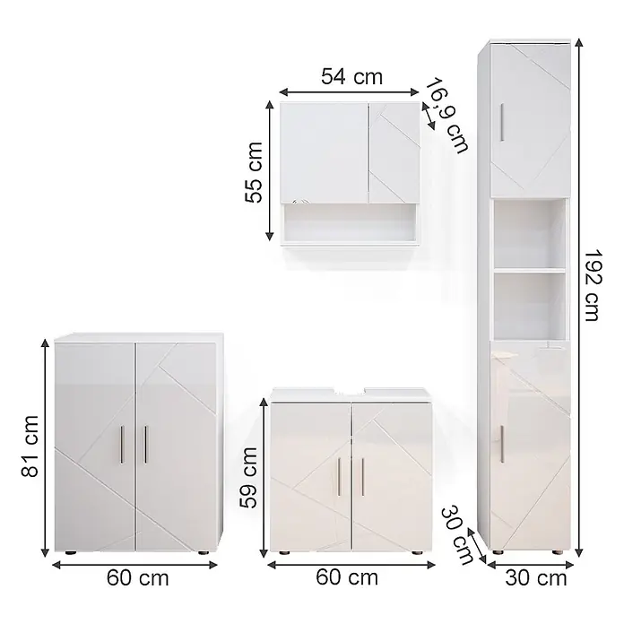 Vicco Badmöbel-Set Irma Weiß Hochglanz 4 Teile, mit Hochschrank und Kommode - Gesamtbreite Badmöbel: 150 cm, Weiß Hochglanz, Glänzend - Weißes Badmöbel-Set mit geometrischem Muster, bestehend aus Wandschrank, Waschtischunterschrank, Hochschrank und Unterschrank, mit Maßen.