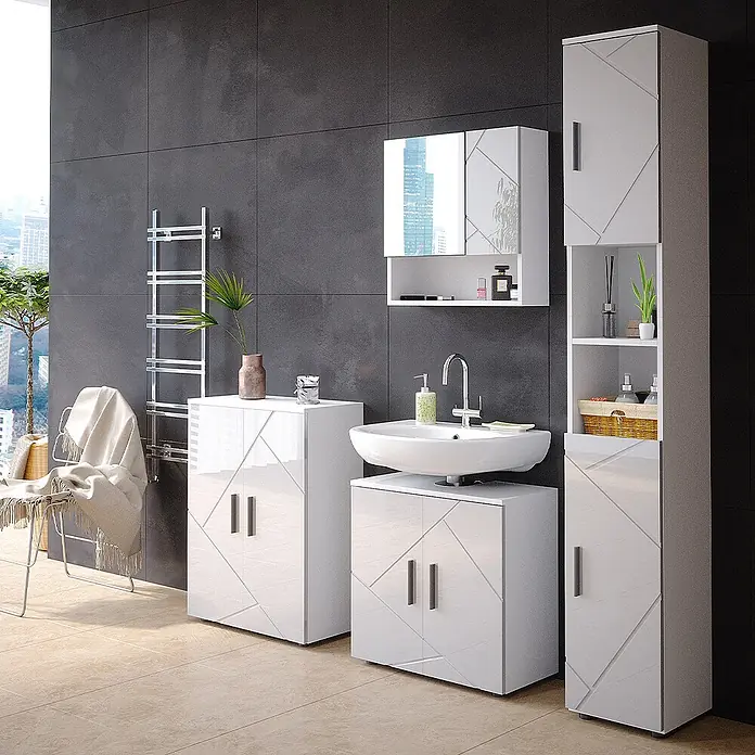 Vicco Badmöbel-Set Irma Weiß Hochglanz 4 Teile, mit Hochschrank und Kommode - Gesamtbreite Badmöbel: 150 cm, Weiß Hochglanz, Glänzend - Weißes Hochglanz-Badezimmermöbelset mit geometrischem Muster, bestehend aus Waschtischunterschrank, Hochschrank, Spiegelschrank und Beistellschrank.