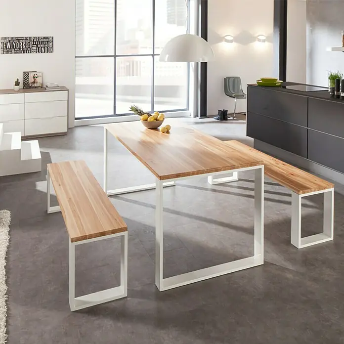 Noblewood Pur Iternal Tischbein - 550 x 60 x 402 mm, Weiß, 2 Stk. - Das moderne Esszimmerset besteht aus einem Holztisch mit weißen Beinen und zwei Holzbänken, die perfekt zum Tisch passen.