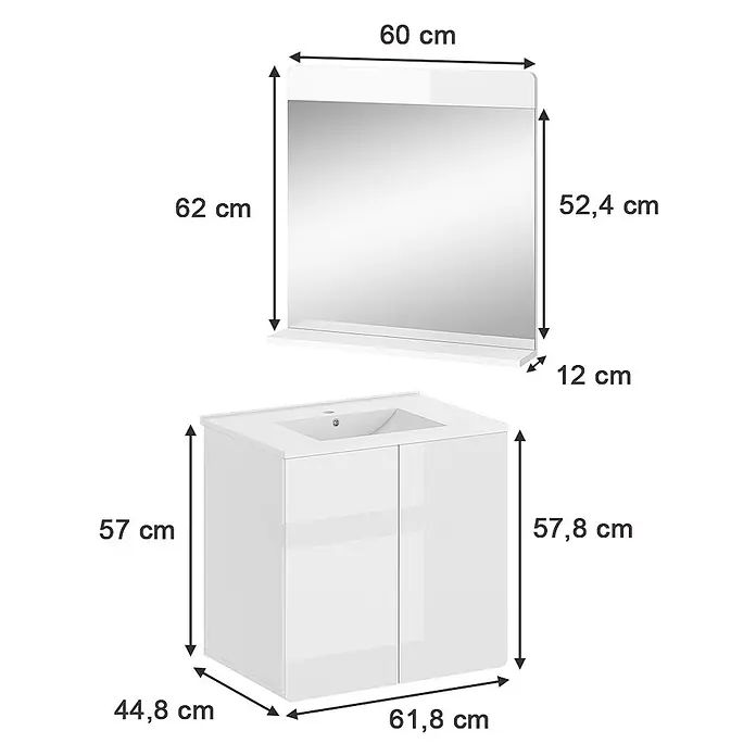 Vicco Badmöbel-Set Izan Weiß 2 Teile - Gesamtbreite Badmöbel: 61,8 cm, Weiß, Glänzend - Weißer Badschrank mit Waschbecken und passendem Spiegel mit Ablage.