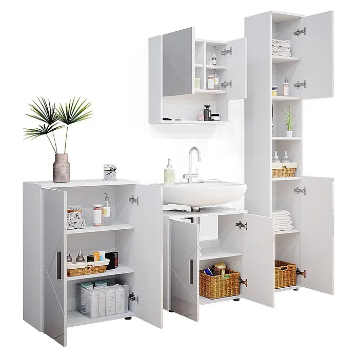 Vicco Badmöbel-Set Irma Weiß Hochglanz 4 Teile, mit Hochschrank und Kommode - Gesamtbreite Badmöbel: 150 cm, Weiß Hochglanz, Glänzend - Weißes modulares Badmöbelset mit Waschbecken, Unterschränken, Hochschrank und Wandschrank.