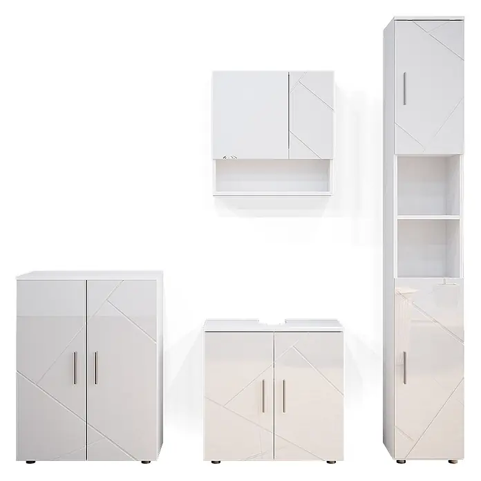 Vicco Badmöbel-Set Irma Weiß Hochglanz 4 Teile, mit Hochschrank und Kommode - Gesamtbreite Badmöbel: 150 cm, Weiß Hochglanz, Glänzend - Weißes glänzendes Badmöbel-Set mit geometrischem Muster, bestehend aus Hänge-, Hochschrank, Unterschrank und Waschtischunterschrank.