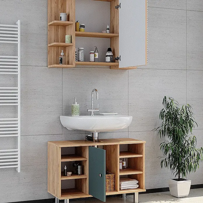 Vicco Badmöbel-Set Fynn Grün 2 Teile, Unterschrank 80 cm - Gesamtbreite Badmöbel: 80 cm, Grün, Matt - Badezimmerschrank-Set aus hellem Holz mit dunkeltürkiser Tür und passendem Spiegelschrank, bietet Stauraum um ein weißes Waschbecken.