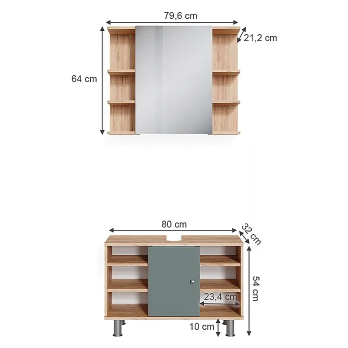 Vicco Badmöbel-Set Fynn Grün 2 Teile, Unterschrank 80 cm - Gesamtbreite Badmöbel: 80 cm, Grün, Matt - Zwei hellholzfarbene Badezimmerschränke mit Regalen, einem Spiegel und einer grauen Tür am Unterschrank, mit Maßen.