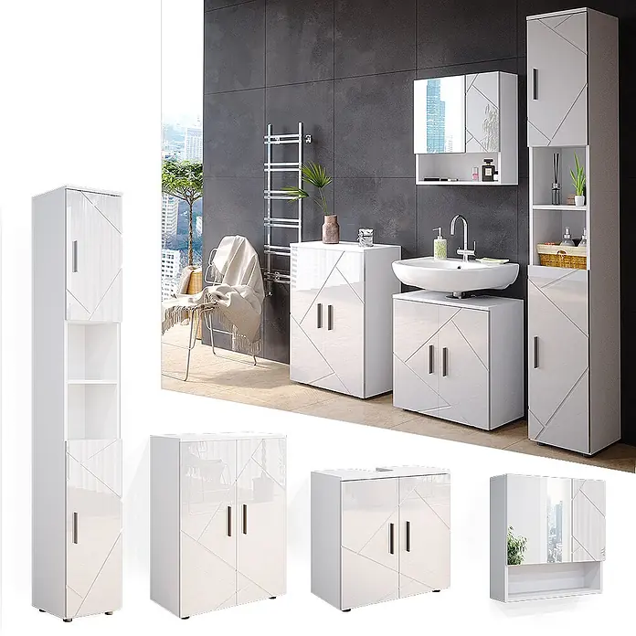 Vicco Badmöbel-Set Irma Weiß Hochglanz 4 Teile, mit Hochschrank und Kommode - Gesamtbreite Badmöbel: 150 cm, Weiß Hochglanz, Glänzend - Weißes Hochglanz-Badmöbelset mit geometrischem Muster, bestehend aus Hochschrank, Waschtischunterschrank und Spiegelschrank.