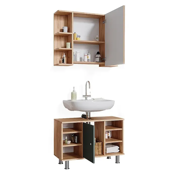 Vicco Badmöbel-Set Fynn Grün 2 Teile, Unterschrank 80 cm - Gesamtbreite Badmöbel: 80 cm, Grün, Matt - Badezimmermöbel-Set: heller Holz-Wandschrank mit offenen Regalen und grauer Tür, passender Waschtisch mit weißem Waschbecken und Armatur.