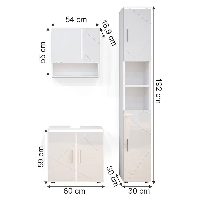 Vicco Badmöbel-Set Irma Weiß Hochglanz 3 Teile, mit Hochschrank - Gesamtbreite Badmöbel: 90 cm, Weiß Hochglanz, Glänzend - Set aus drei weißen, glänzenden Badmöbeln mit geometrischen Mustern: Wandschrank, Waschtischunterschrank und Hochschrank.