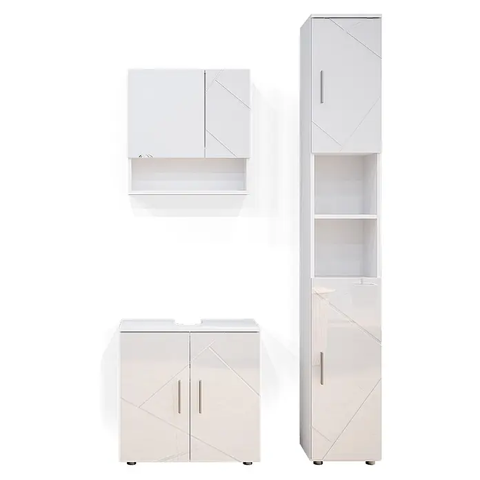 Vicco Badmöbel-Set Irma Weiß Hochglanz 3 Teile, mit Hochschrank - Gesamtbreite Badmöbel: 90 cm, Weiß Hochglanz, Glänzend - Weißes Hochglanz-Badmöbelset mit geometrischem Muster: Wandschrank, Waschbeckenunterschrank und Hochschrank mit Regalen.