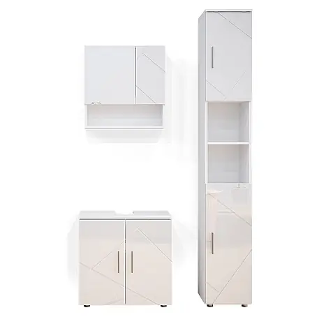 Vicco  Badmöbel-Set Irma Weiß Hochglanz 3 Teile, mit Hochschrank