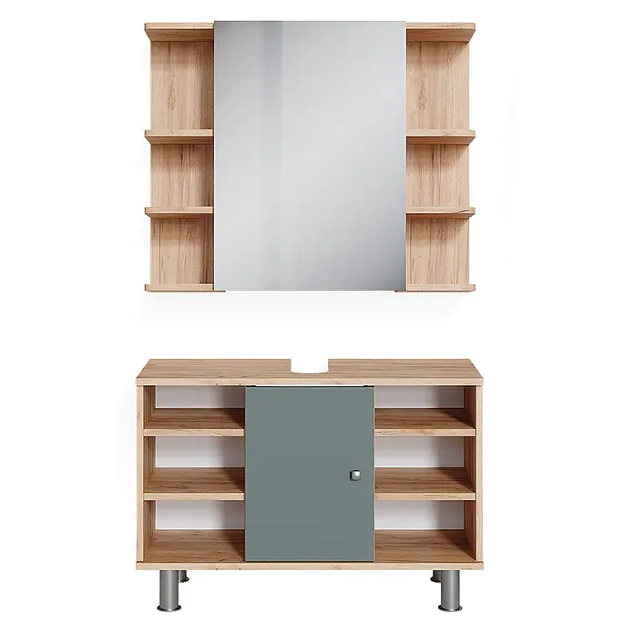 Vicco Badmöbel-Set Fynn Grün 2 Teile, Unterschrank 80 cm - Gesamtbreite Badmöbel: 80 cm, Grün, Matt - Helles Badmöbel-Set aus Holz mit Spiegelschrank und offenen Regalen, sowie einem Waschbeckenunterschrank mit graugrüner Schiebetür, offenen Fächern und Füßen.