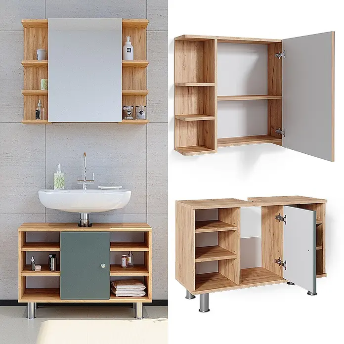 Vicco Badmöbel-Set Fynn Grün 2 Teile, Unterschrank 80 cm - Gesamtbreite Badmöbel: 80 cm, Grün, Matt - Badezimmerset aus hellem Holz: Spiegelschrank mit offenen Regalen und Waschtischunterschrank mit Schiebetür und Ablageflächen, im Bad gezeigt.
