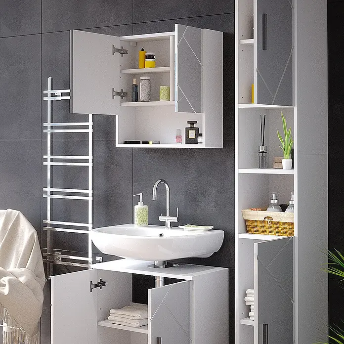 Vicco Badmöbel-Set Irma Weiß Hochglanz 3 Teile, mit Hochschrank - Gesamtbreite Badmöbel: 90 cm, Weiß Hochglanz, Glänzend - Modulares weiß-graues Badmöbelset mit Waschbecken, Wandschrank und Hochschrank, mit geometrischen Mustern.