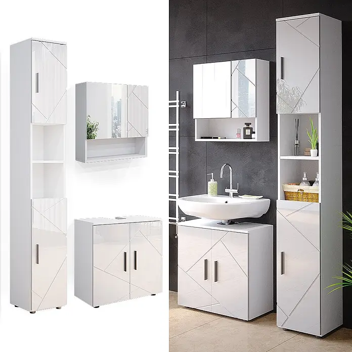 Vicco Badmöbel-Set Irma Weiß Hochglanz 3 Teile, mit Hochschrank - Gesamtbreite Badmöbel: 90 cm, Weiß Hochglanz, Glänzend - Weißglänzendes Badmöbel-Set mit geometrischem Muster, bestehend aus Hochschrank, Spiegelschrank und Waschtisch.