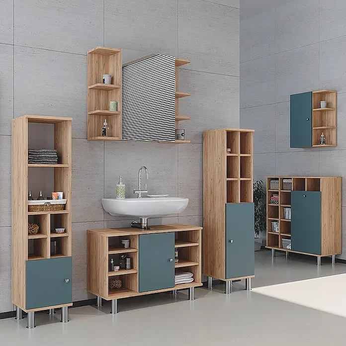 Vicco Badmöbel-Set Fynn Grün 2 Teile, Unterschrank 80 cm - Gesamtbreite Badmöbel: 80 cm, Grün, Matt - Modulares Badezimmermöbel-Set aus hellem Holz mit Petrol-Akzenten, inklusive Waschtischunterschrank, Hochschränken und Wandregalen.