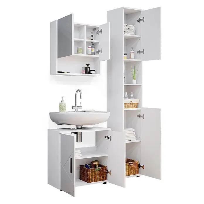 Vicco Badmöbel-Set Irma Weiß Hochglanz 3 Teile, mit Hochschrank - Gesamtbreite Badmöbel: 90 cm, Weiß Hochglanz, Glänzend - Weißes Badezimmermöbel-Set mit Waschbecken, Wandschrank und hohem Stauraumschrank, mit offenen und geschlossenen Fächern.