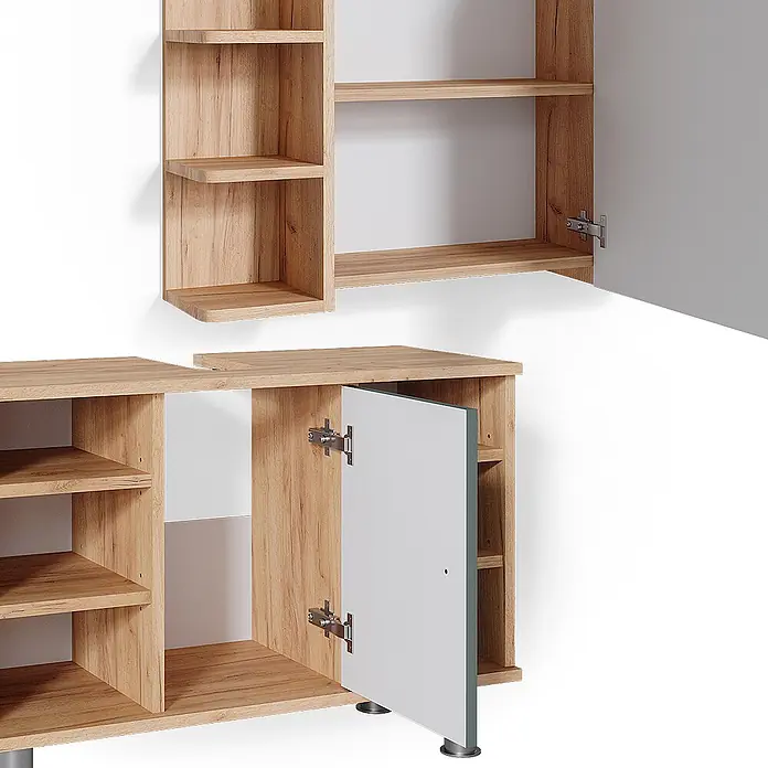 Vicco Badmöbel-Set Fynn Grün 2 Teile, Unterschrank 80 cm - Gesamtbreite Badmöbel: 80 cm, Grün, Matt - Modulares Schrankset aus hellem Holz mit offenen Fächern und hellgrauen Türen, inklusive Wand- und Bodenelementen.