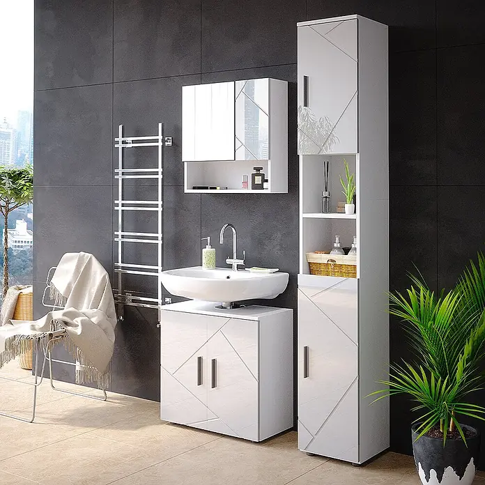 Vicco Badmöbel-Set Irma Weiß Hochglanz 3 Teile, mit Hochschrank - Gesamtbreite Badmöbel: 90 cm, Weiß Hochglanz, Glänzend - Weißglänzendes Badezimmermöbel-Set mit Waschbecken, Unterschrank, Spiegelschrank und Hochschrank, mit geometrischem Muster.