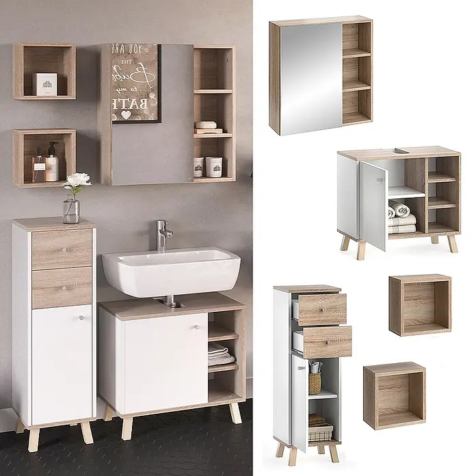 Vicco Badmöbel-Set Senyo Weiß 4 Teile - Gesamtbreite Badmöbel: 90 cm, Weiß, Matt - Modernes Badezimmermöbel-Set in hellem Holz und Weiß, bestehend aus Spiegelschrank, Waschtischunterschrank, Hochschrank und Wandregalen, im Bad.