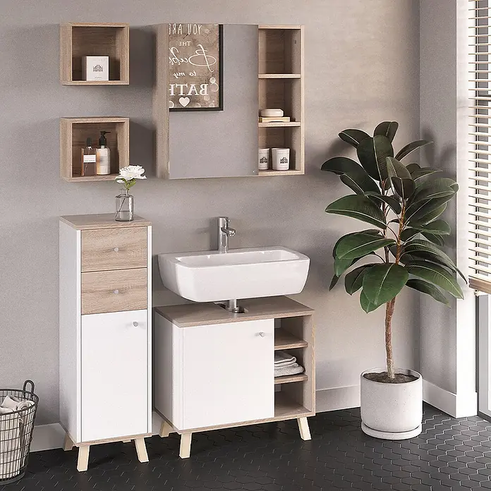 Vicco Badmöbel-Set Senyo Weiß 4 Teile - Gesamtbreite Badmöbel: 90 cm, Weiß, Matt - Weiß-hellbraune Badezimmermöbelgarnitur mit hohem Schrank, Waschbeckenunterschrank und Wandregalen in modernem Badambiente.