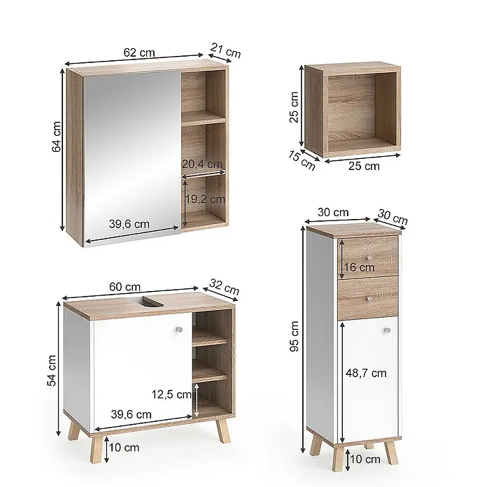 Vicco Badmöbel-Set Senyo Weiß 4 Teile - Gesamtbreite Badmöbel: 90 cm, Weiß, Matt - Set aus hellbraunem und weißem Badmöbeln, darunter Spiegelschrank, Wandwürfel, Waschtischunterschrank und Hochschrank, mit Maßen dargestellt.