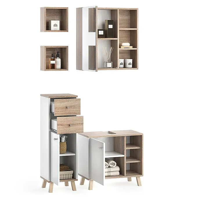 Vicco Badmöbel-Set Senyo Weiß 4 Teile - Gesamtbreite Badmöbel: 90 cm, Weiß, Matt - Badezimmermöbel-Set in hellem Holzdekor und Weiß, mit Wandregalen, Spiegelschrank, Hochschrank und Waschbeckenunterschrank.