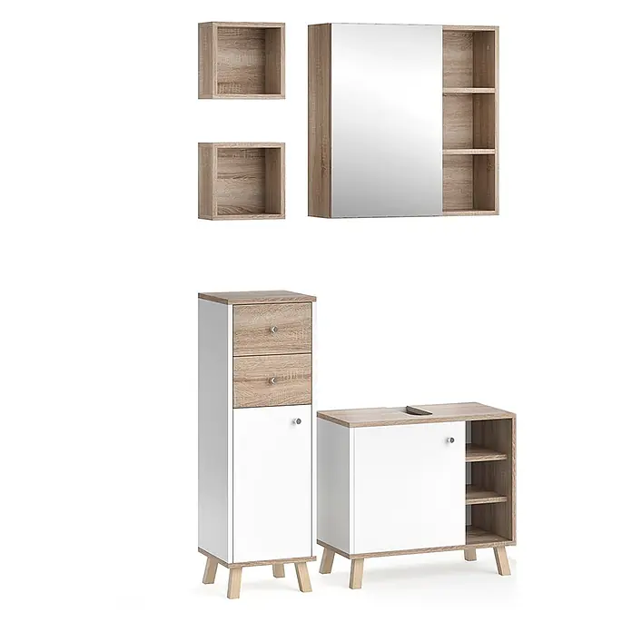 Vicco Badmöbel-Set Senyo Weiß 4 Teile - Gesamtbreite Badmöbel: 90 cm, Weiß, Matt - Weißes und helles Holz Badezimmermöbel-Set: Spiegelschrank, zwei Wandregale, Hochschrank mit Schubladen und Unterschrank mit offenen Fächern.