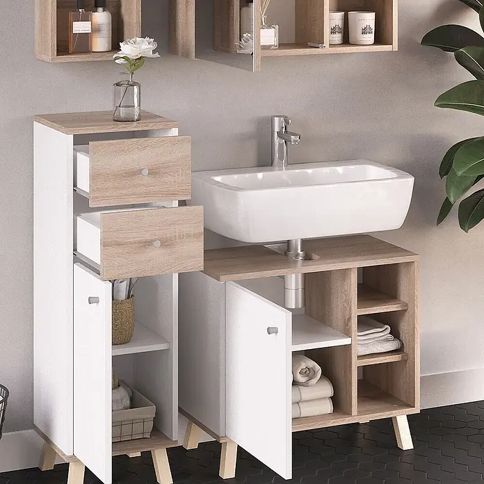 Vicco Badmöbel-Set Senyo Weiß 4 Teile - Gesamtbreite Badmöbel: 90 cm, Weiß, Matt - Waschtischunterschrank in Weiß und heller Holzoptik mit Waschbecken, Schubladen und Schränken.