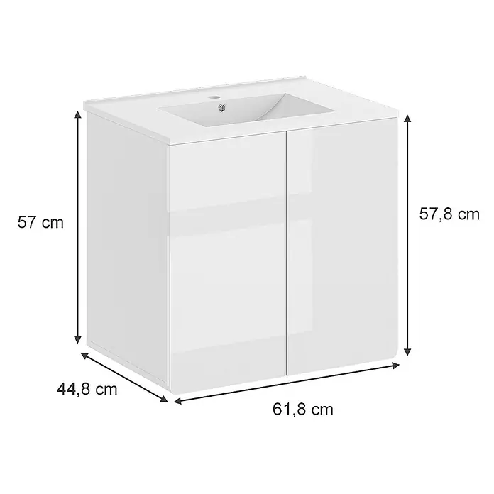 Vicco Badmöbel-Set Izan Weiß - Gesamtbreite Badmöbel: 61,8 cm, Weiß, Glänzend - Weißer Badunterschrank mit integriertem Waschbecken und zwei Türen.