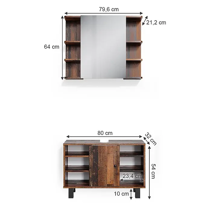 Vicco Badmöbel-Set Fynn Eiche rustikal 2 Teile, Unterschrank 80 cm - Gesamtbreite Badmöbel: 80 cm, Eiche rustikal, Matt - Zweiteiliges Badezimmer-Set aus rustikalem dunklem Holz mit Spiegelschrank und Unterschrank mit Schiebetür.