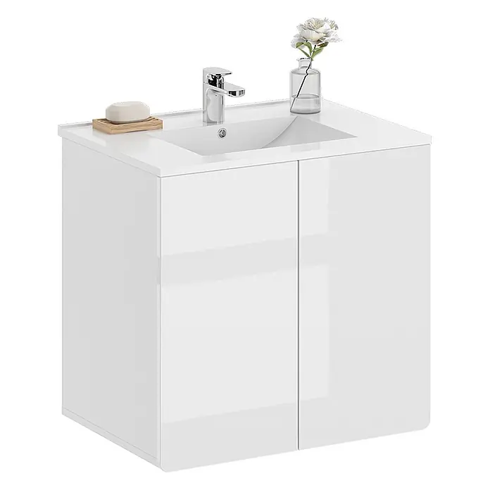 Vicco Badmöbel-Set Izan Weiß - Gesamtbreite Badmöbel: 61,8 cm, Weiß, Glänzend - Weißer glänzender Badunterschrank mit integriertem Keramikwaschbecken, Chromarmatur und zwei Türen, inklusive Holzseifenschale.