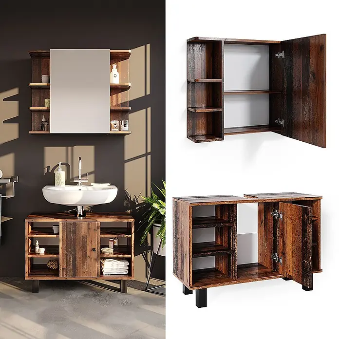 Vicco Badmöbel-Set Fynn Eiche rustikal 2 Teile, Unterschrank 80 cm - Gesamtbreite Badmöbel: 80 cm, Eiche rustikal, Matt - Rustikales braunes Badmöbel-Set mit Spiegelschrank und Waschbeckenunterschrank.