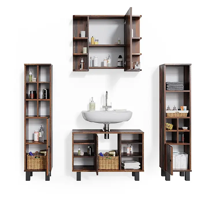 Vicco Badmöbel-Set Fynn Eiche rustikal 2 Teile, Unterschrank 80 cm - Gesamtbreite Badmöbel: 80 cm, Eiche rustikal, Matt - Komplettes Badezimmermöbelset aus dunklem Holz mit Waschbeckenunterschrank, Spiegelschrank und zwei hohen Regalen für Stauraum.