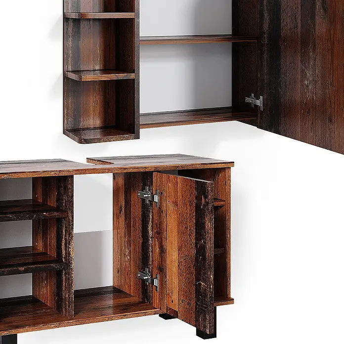 Vicco Badmöbel-Set Fynn Eiche rustikal 2 Teile, Unterschrank 80 cm - Gesamtbreite Badmöbel: 80 cm, Eiche rustikal, Matt - Rustikales braunes Holzregal-Set mit Wandregal und Bodenschrank, beide mit offenen Fächern und Flügeltüren.