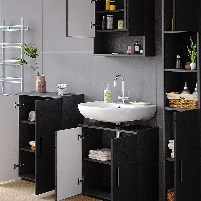 Vicco Badmöbel-Set Irma Anthrazit Hochglanz 4 Teile, mit Hochschrank und Kommode - Gesamtbreite Badmöbel: 150 cm, Anthrazit Hochglanz, Glänzend - Schwarze modulare Badschränke und Regale mit weißem Waschbecken.