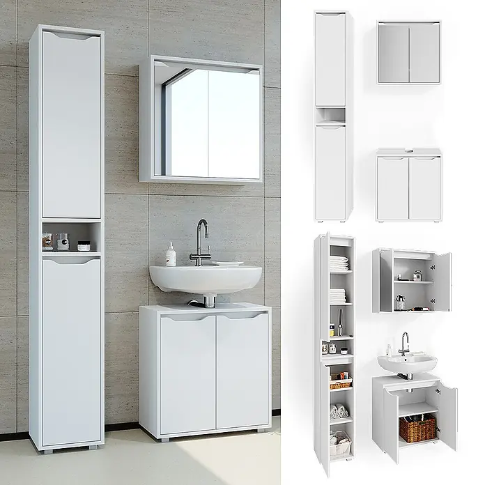 Vicco Badmöbel-Set Ruben Weiß 3 Teile, mit Hochschrank - Gesamtbreite Badmöbel: 90 cm, Weiß, Matt - Weißes modulares Badmöbelset mit Hochschrank, Spiegelschrank und Waschtischunterschrank, bietet viel Stauraum.