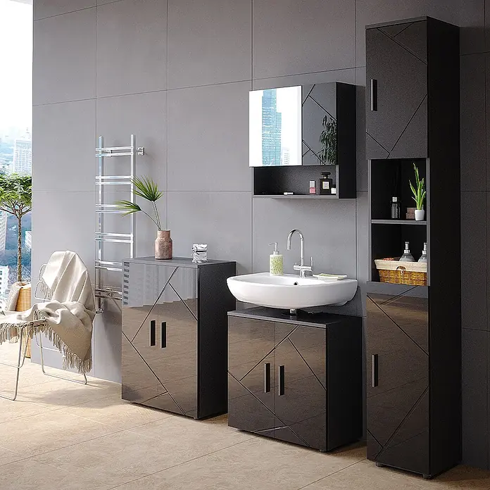 Vicco Badmöbel-Set Irma Anthrazit Hochglanz 4 Teile, mit Hochschrank und Kommode - Gesamtbreite Badmöbel: 150 cm, Anthrazit Hochglanz, Glänzend - Glänzendes, schwarzes Badmöbel-Set mit geometrischem Muster, bestehend aus Waschtisch, Hochschrank und Beistellschrank.