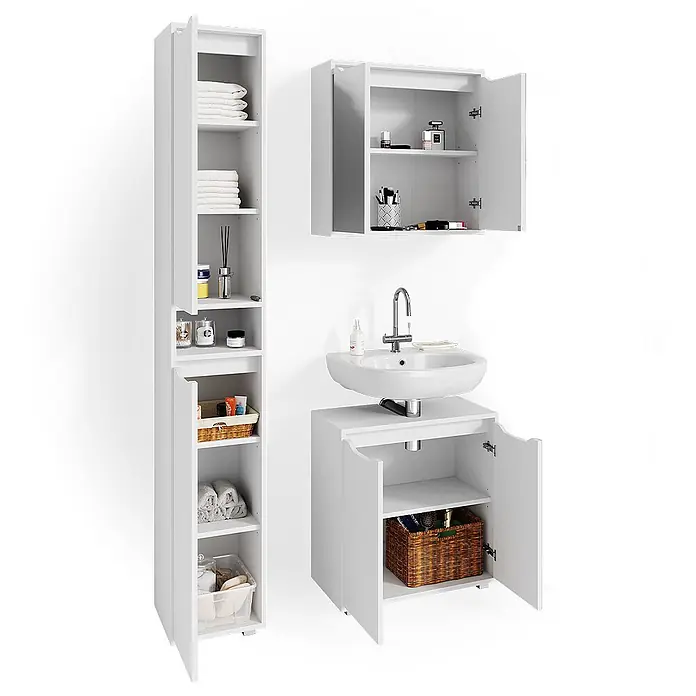 Vicco Badmöbel-Set Ruben Weiß 3 Teile, mit Hochschrank - Gesamtbreite Badmöbel: 90 cm, Weiß, Matt - Weißes Badezimmermöbel-Set mit hohem Schrank, Wandschrank und Waschtisch mit Waschbecken für geordnete Aufbewahrung.