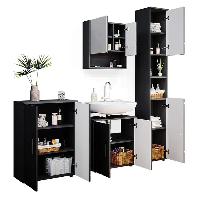 Vicco Badmöbel-Set Irma Anthrazit Hochglanz 4 Teile, mit Hochschrank und Kommode - Gesamtbreite Badmöbel: 150 cm, Anthrazit Hochglanz, Glänzend - Modernes schwarz-weißes Badmöbel-Set mit Waschbecken, Spiegelschrank und diversen Aufbewahrungseinheiten.