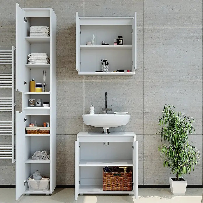 Vicco Badmöbel-Set Ruben Weiß 3 Teile, mit Hochschrank - Gesamtbreite Badmöbel: 90 cm, Weiß, Matt - Weißes Badezimmermöbel-Set mit Hochschrank, Wandschrank und Waschbeckenunterschrank, offen zur Präsentation des Stauraums.