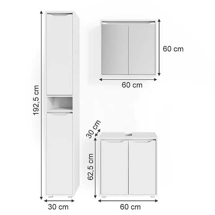 Vicco Badmöbel-Set Ruben Weiß 3 Teile, mit Hochschrank - Gesamtbreite Badmöbel: 90 cm, Weiß, Matt - Set aus drei weißen Badschränken aus Holz mit einem Hochschrank, einem Wandschrank und einem Unterschrank.