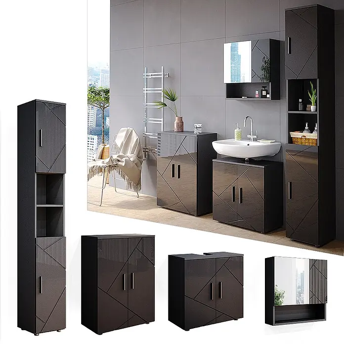 Vicco Badmöbel-Set Irma Anthrazit Hochglanz 4 Teile, mit Hochschrank und Kommode - Gesamtbreite Badmöbel: 150 cm, Anthrazit Hochglanz, Glänzend - Dunkelgraues Badmöbelset mit geometrischem Muster, inkl. Hochschrank, Waschtischunterschrank und Spiegelschrank im modernen Bad.