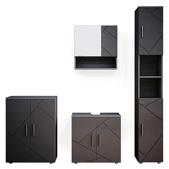 Vicco Badmöbel-Set Irma Anthrazit Hochglanz 4 Teile, mit Hochschrank und Kommode - Gesamtbreite Badmöbel: 150 cm, Anthrazit Hochglanz, Glänzend - Set dunkelgrauer Badmöbel mit geometrischem Muster, inkl. Spiegelschrank, Hochschrank und Waschtischunterschrank.