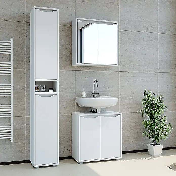 Vicco Badmöbel-Set Ruben Weiß 3 Teile, mit Hochschrank - Gesamtbreite Badmöbel: 90 cm, Weiß, Matt - Modernes weißes Badmöbelset mit Hochschrank, Waschtischunterschrank und Spiegelschrank.