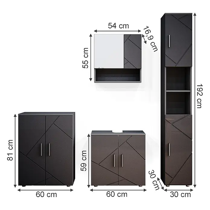 Vicco Badmöbel-Set Irma Anthrazit Hochglanz 4 Teile, mit Hochschrank und Kommode - Gesamtbreite Badmöbel: 150 cm, Anthrazit Hochglanz, Glänzend - Dunkelgraues Badezimmermöbel-Set mit geometrischem Muster, bestehend aus Hochschrank, Waschtischunterschrank, Spiegelschrank und Unterschrank.